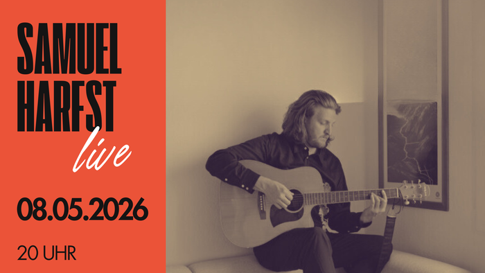 Plakat für das Live-Konzert von Samuel Harest am 8. Mai 2026 in der K.A.R.E. Marburg mit Ticketinformationen und QR-Code