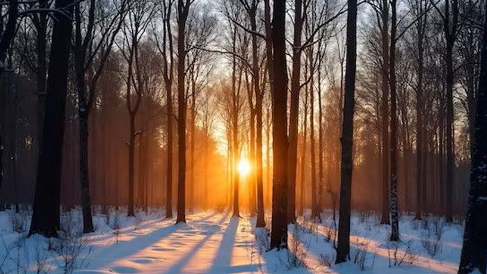 Sonnenuntergang im verschneiten Wald, Licht scheint durch die Bäume.