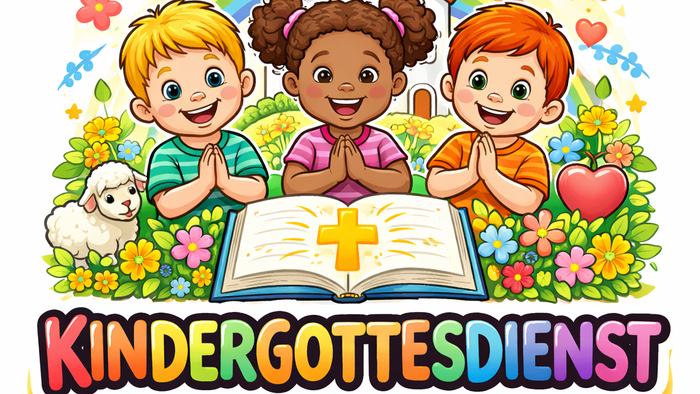 Bunte Illustration von Kindern in einem fröhlichen KinderGottesdienst mit offener Bibel und religiösen Symbolen.