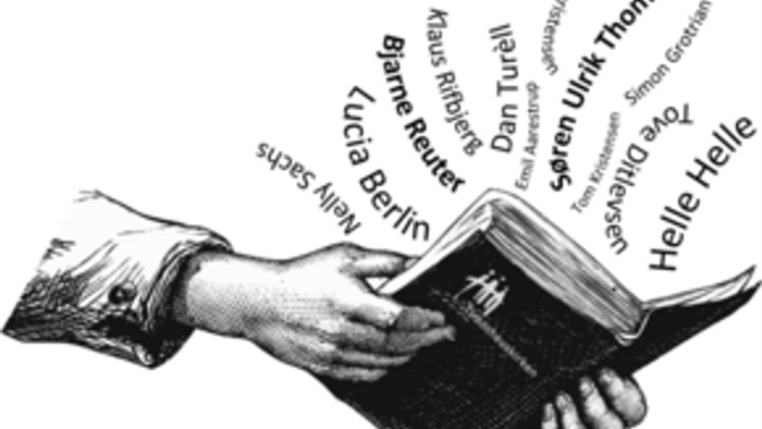 Hånd holder en bog med navne som Berlin, Reuter og Helle Helle.