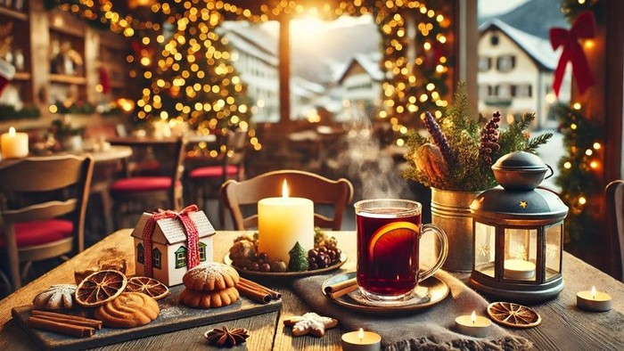 Gemütliche Weihnachtsstimmung mit Glühwein, Kerzen und Dekorationen in einem festlich geschmückten Café.