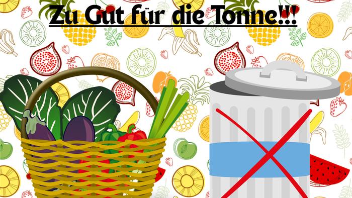 Bunte Illustration zur Förderung der richtigen Lebensmittelabfalltrennung mit Obst im Korb und einem durchgestrichenen Mülleimer.