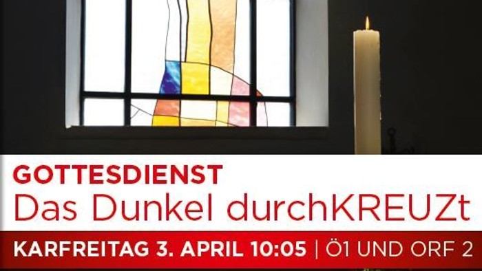 Gottesdienstankündigung für Karfreitag mit Buntglasfenstern und Kerze, geplant am 3. April um 10:05 Uhr.