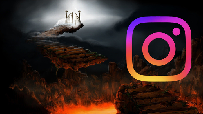 Geheimnisvolle Brücke über einer feurigen, vulkanischen Landschaft mit einem unheimlichen Himmel und Instagram-Logo-Overlay.