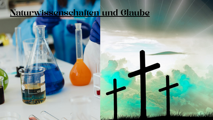 Collage, die wissenschaftliche Laborausrüstung mit silhouettierten Kreuzen vor einer Naturlandschaft kontrastiert, zum Thema „Naturwissenschaften und Glaube“.