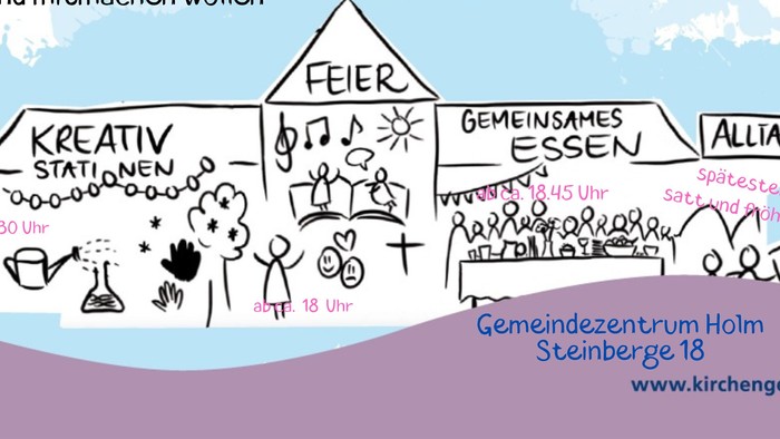 Plakat für eine Kinderkirchveranstaltung am 21. Februar von 16:00 bis 19:30 Uhr im Gemeindezentrum Holm, Steinberge 18.
