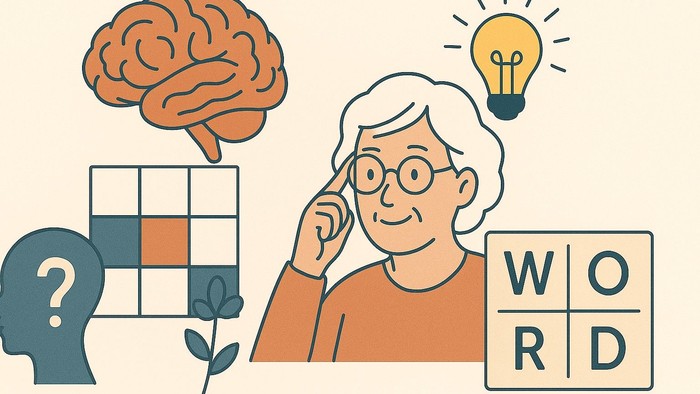 Eine ältere Frau mit Brille denkt nach, umgeben von einem Kreuzworträtsel, einem Fragezeichenkopf und einem leuchtenden Licht.