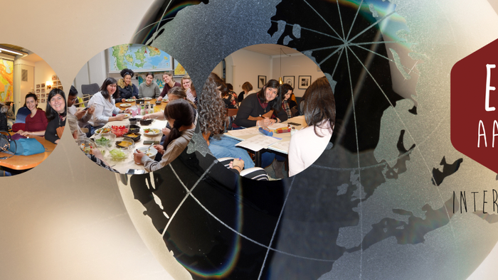 Billede af globus med indsættelser af internationale møder og logo til ELSK Aalborg International