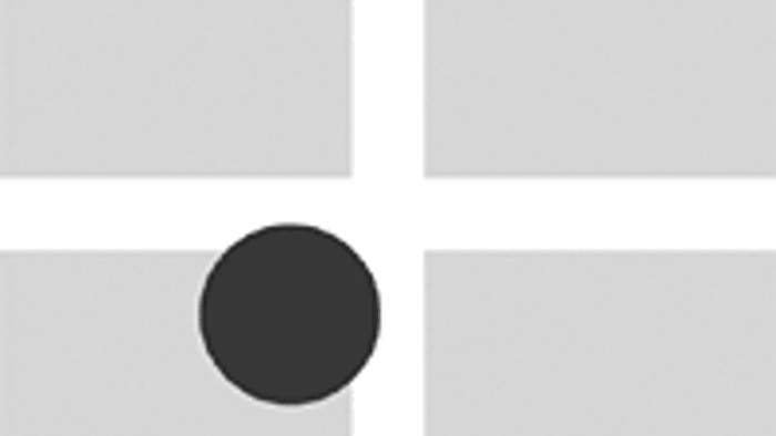 Ein schwarzer Punkt in der Mitte eines grauen Quadrats mit weißem Rand.