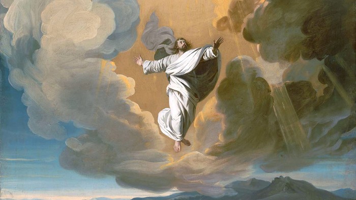 En maleri af Jesus himmelopfordeling med engler og disipler.