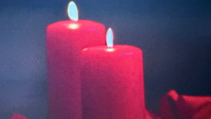 Zwei rote Kerzen brennen, umgeben von Rosenblüten.