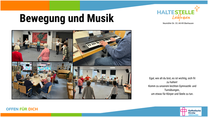 Eine Werbung für ein Fitness- und Musikprogramm, das Bewegung und leichte Gymnastik kombiniert, um aktiv und gesund zu bleiben.