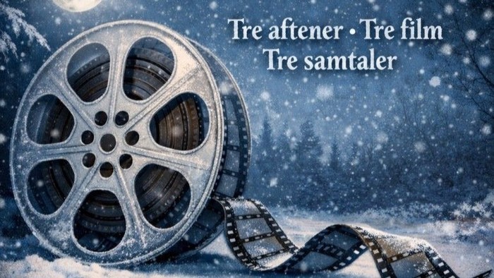 Gammel filmrulle med snefnug, der promoverer tre film og samtaler i en vinterlig, nostalgisk stil.