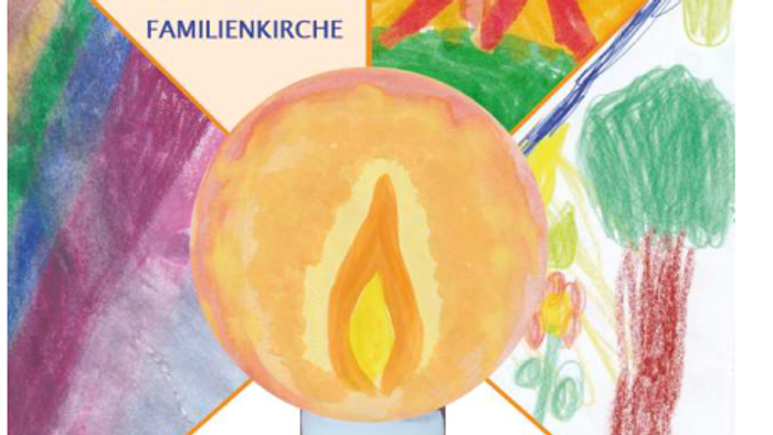 Bunte Kinder-Einladung zu einer Familienveranstaltung in der Kirche mit Kerze, Kunstwerk und einem Stofftier-Schaf.