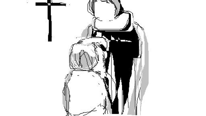 En sort-hvid tegning af en person med et kindbarn og et kors i hjørnet