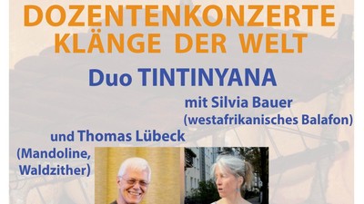 Plakat für ein kostenloses Weltmusik-Konzert des Duo Tintinyana mit afrikanischer, italienischer und amerikanischer Musik am 19. April.