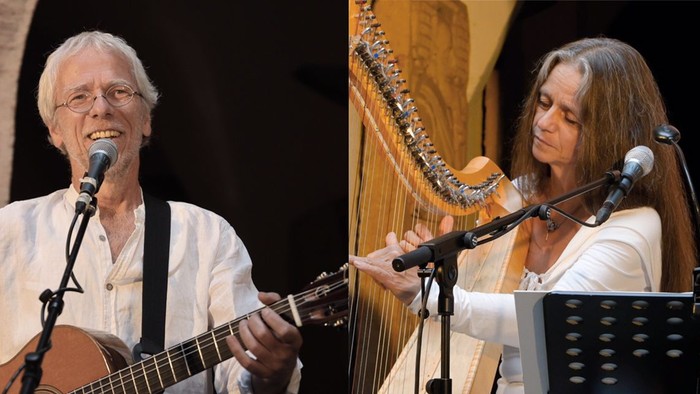 Ein Mann und eine Frau treten gemeinsam auf, er mit einer Gitarre, sie mit einer Harfe.