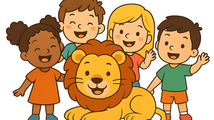 Kinder posieren fröhlich mit einem Löwen.