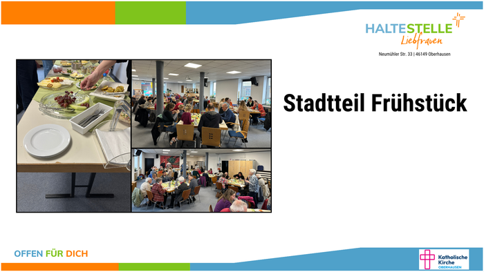 Gemeinschafts-Frühstücksveranstaltung in einem Nachbarschaftstreff mit Essen und geselligem Beisammensein.