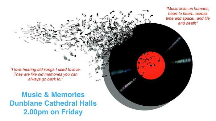 Vinyl record with quotes about music and memories, event details at bottom