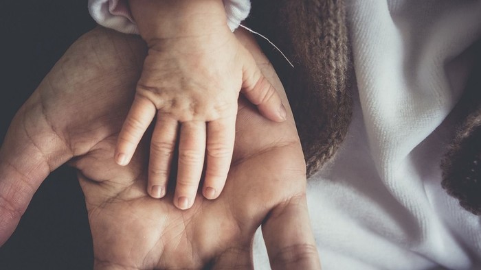 Eine Hand hält sanft die Hand eines Babys, das in eine weiße Decke gewickelt ist