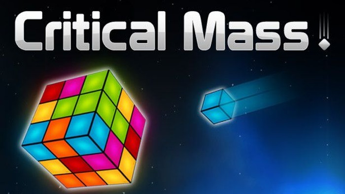 Colorful Rubik's cube and blue geometric shape in space with 