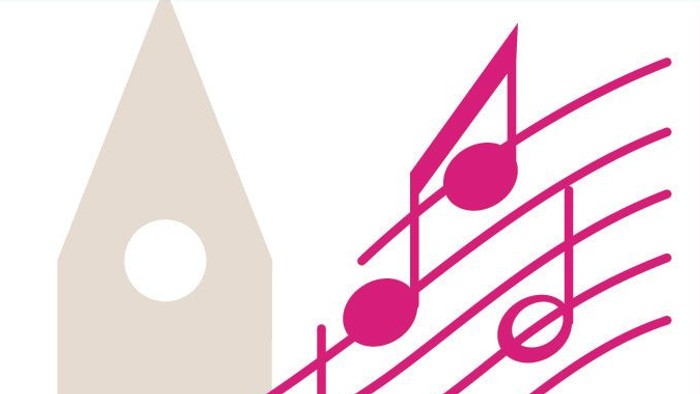 Das Logo zeigt eine Kirche mit Notenlinien und -punkten