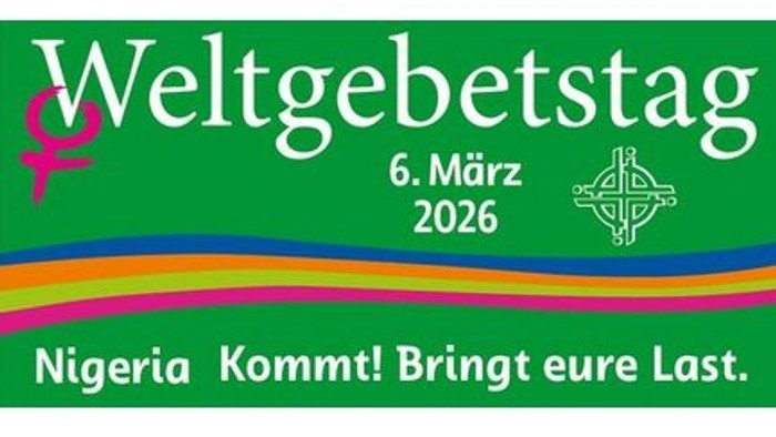 Das Bild ist ein Plakat für eine Veranstaltung zum Weltgebetstag am 6. März 2026, die sich auf Nigeria konzentriert, mit einem Regenbogenthema und einem Kreuzsymbol.