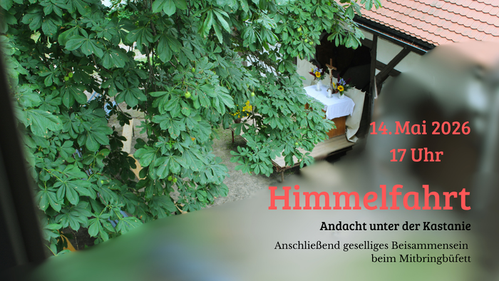Bekanntmachung zum Himmelfahrtstag-Event mit Meditation unter Kastanienbäumen und gemeinsamem Buffet am 14. Mai 2026.