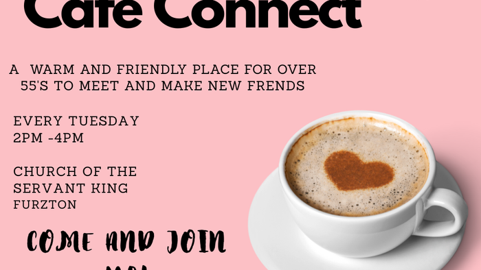 Flyer for a weekly cafe meetup for seniors, held every Tuesday from 2pm to 4pm at the Church of the Servant Ring in Furzeon.
