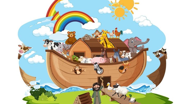 Billedet viser Noaas ark med dyr og regnbue