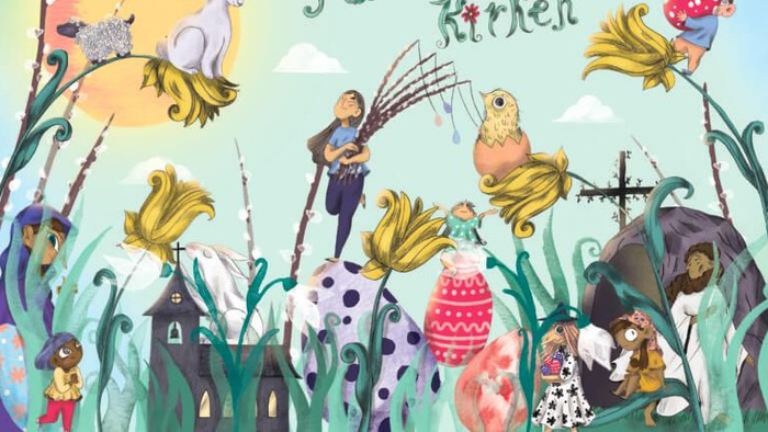 En festlig påskeillustration med dyr, æg og en person med rør.