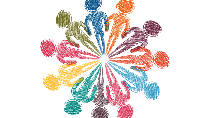 Bunte, skizzenhafte Darstellung eines Blumengebildes auf schwarzem Hintergrund