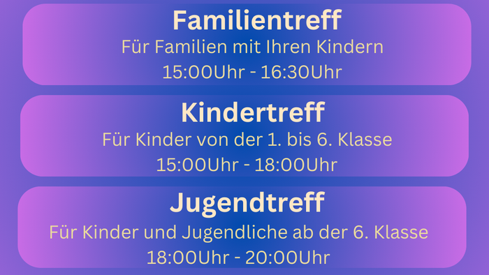 Flyer für verschiedene Treffen in Köln, darunter Familientreff, Kindertreff und Jugendtreff mit Zeitangaben und Adresse