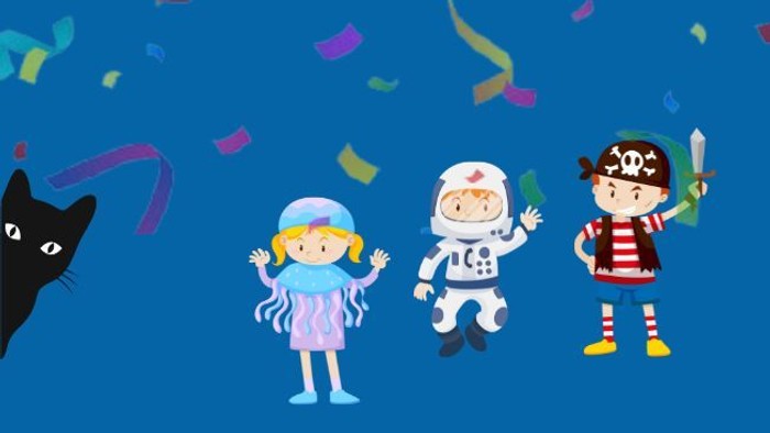 Børn i fantasikostumer danser med konfetti og kat i hjørnet