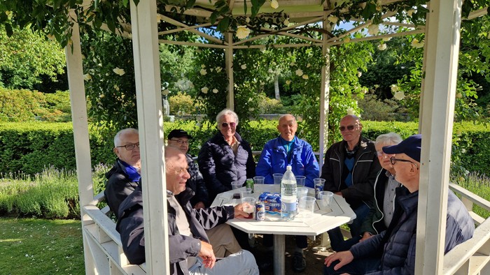 En gruppe mænd sidder under en pergol i en have og spiser.