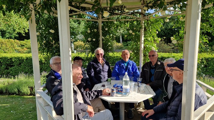 En gruppe mænd sidder under en pergol i en have og spiser.