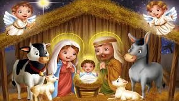 A nativity scene with baby Jesus, Mary, Joseph, angels, and animals.