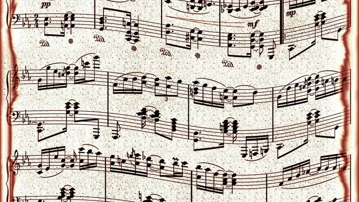 Vintage-stilvolle Notenblätter mit dynamischen Angaben und komplexer musikalischer Notation, eingerahmt von einem dekorativen Rand.