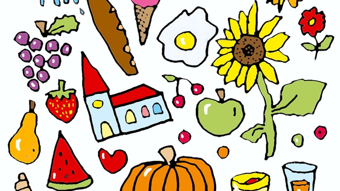 Bunte, verspielte Illustration verschiedener Sommerlebensmittel, Früchte, Getränke und saisonaler Gegenstände.
