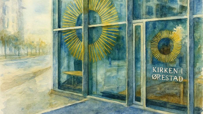 Akvarelmaleri af et gadehjørne med en butiksfacade, der har store cirkulære designs og teksten *