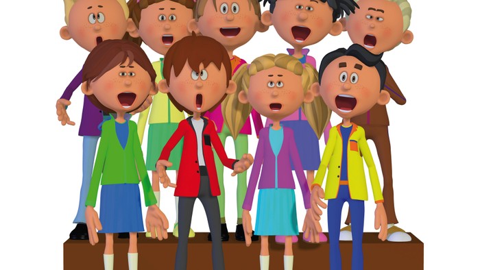 Eine fröhliche Cartoon-Chor von Kindern, die begeistert auf einer Bühne singen.