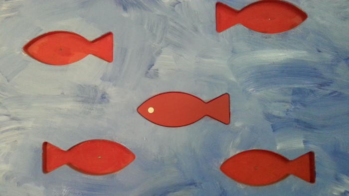 Fünf rote Fische schwimmen in blauem Wasser