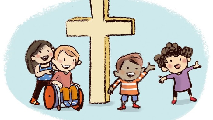 Kinder, die in der Nähe eines großen Kreuzes spielen