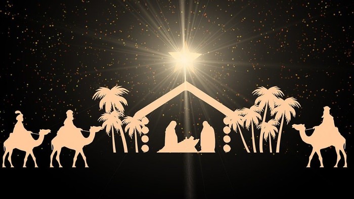 Weihnachtsgeschichte mit Stern, Kameelen und Hirten