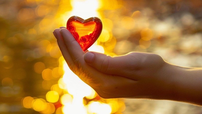 Eine Hand hält ein leuchtend rotes Herz vor einem hellen, verschwommenen Hintergrund.