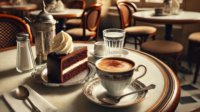 Ein Stück Kuchen und eine Tasse Kaffee auf einem Tisch in einem Café