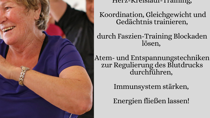 Seniorenfitness mit Stuhl - Freude an Bewegung! Gemeinsam bewegen, Herz-Kreislauf-Training, Koordination, Gleichgewicht und Gedächtnis trainieren, durch Fazien-Training Blockaden lösen, Atem- und Entspannungstechniken zur Regulierung des Blutdrucks durchf