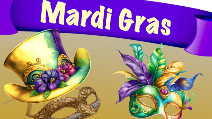 Billedet viser Mardi Gras-hatt og maske med farverne guld, lilla og grøn