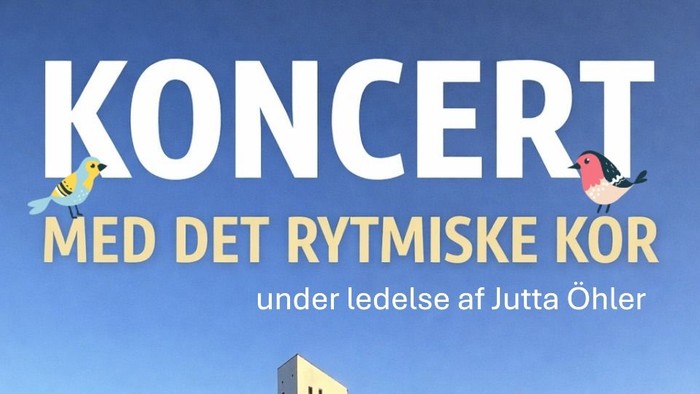 Plakat annoncerer en gratis rytmisk kor koncert i Kollund Kirke den 23. marts kl. 19:30.